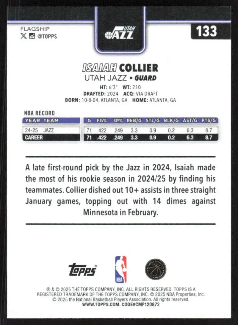 2025-26 Topps #133 Isaiah Collier NM-MT Utah Jazz Basketball Card - Basketball Card Single