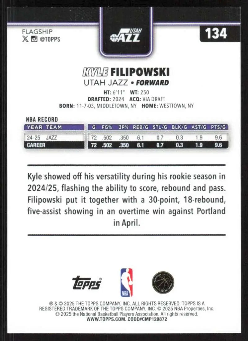 2025-26 Topps #134 Kyle Filipowski NM-MT Utah Jazz Basketball Card - Basketball Card Single