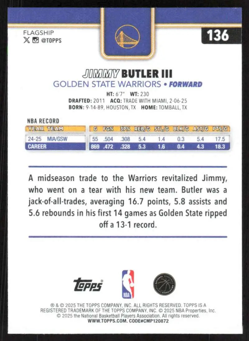 2025-26 Topps #136 Jimmy Butler III NM-MT Golden State Warriors Basketball Card - Basketball Card Single