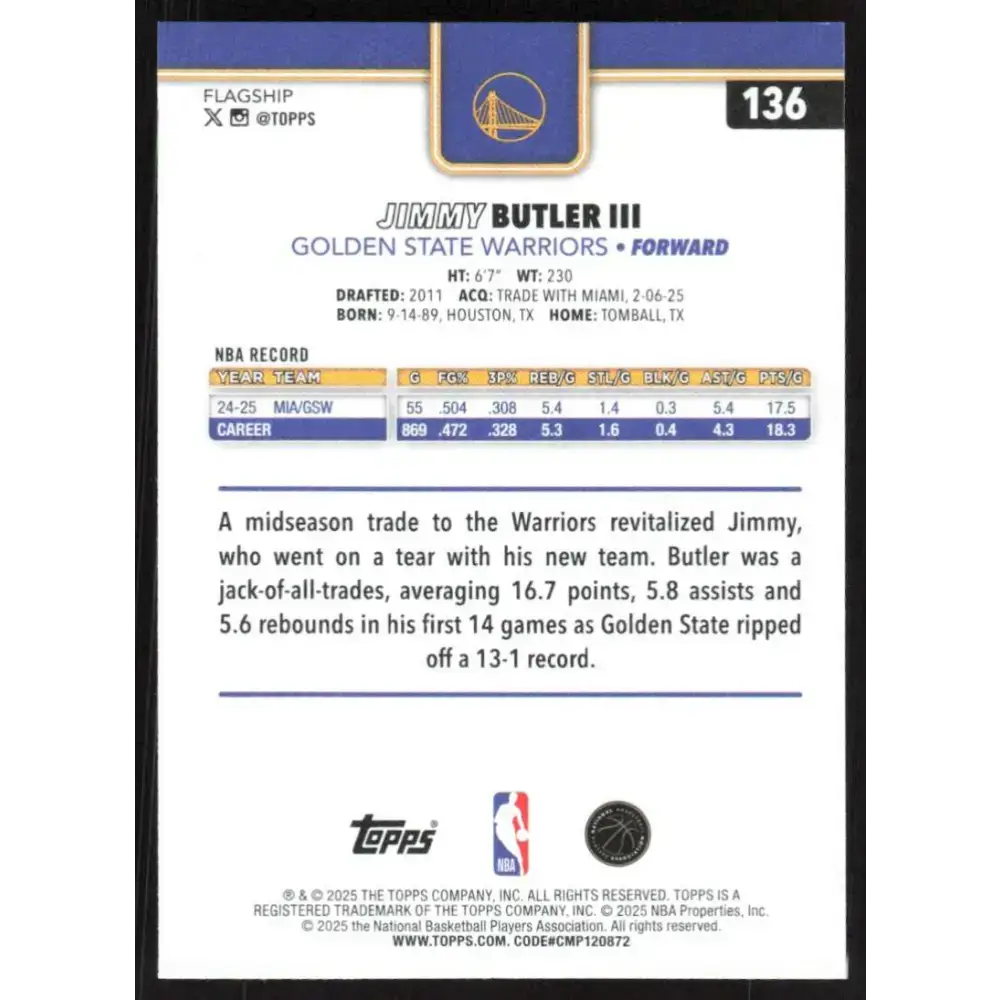 2025-26 Topps #136 Jimmy Butler III NM-MT Golden State Warriors Basketball Card - Basketball Card Single