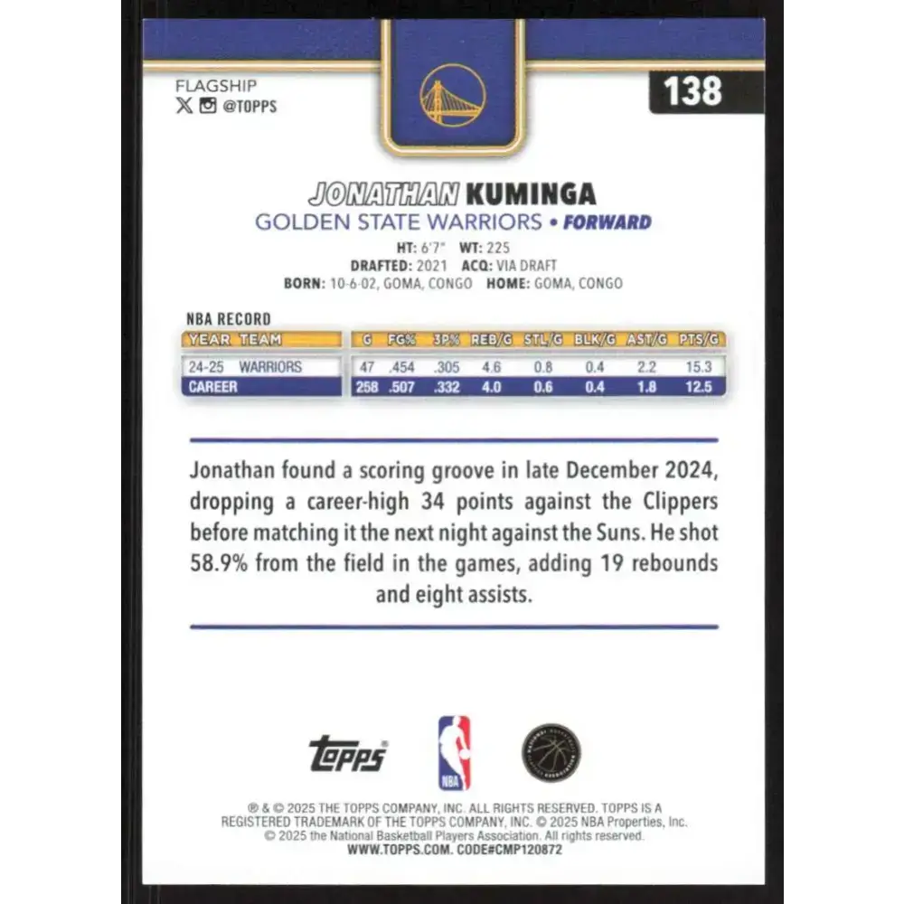 2025-26 Topps #138 Jonathan Kuminga NM-MT Golden State Warriors Basketball Card
