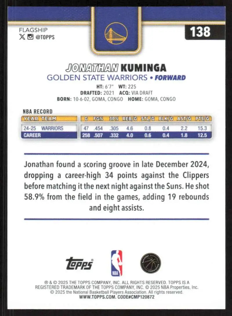2025-26 Topps #138 Jonathan Kuminga NM-MT Golden State Warriors Basketball Card