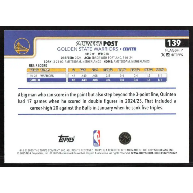 2025-26 Topps #139 Quinten Post NM-MT Golden State Warriors Basketball Card - Basketball Card Single