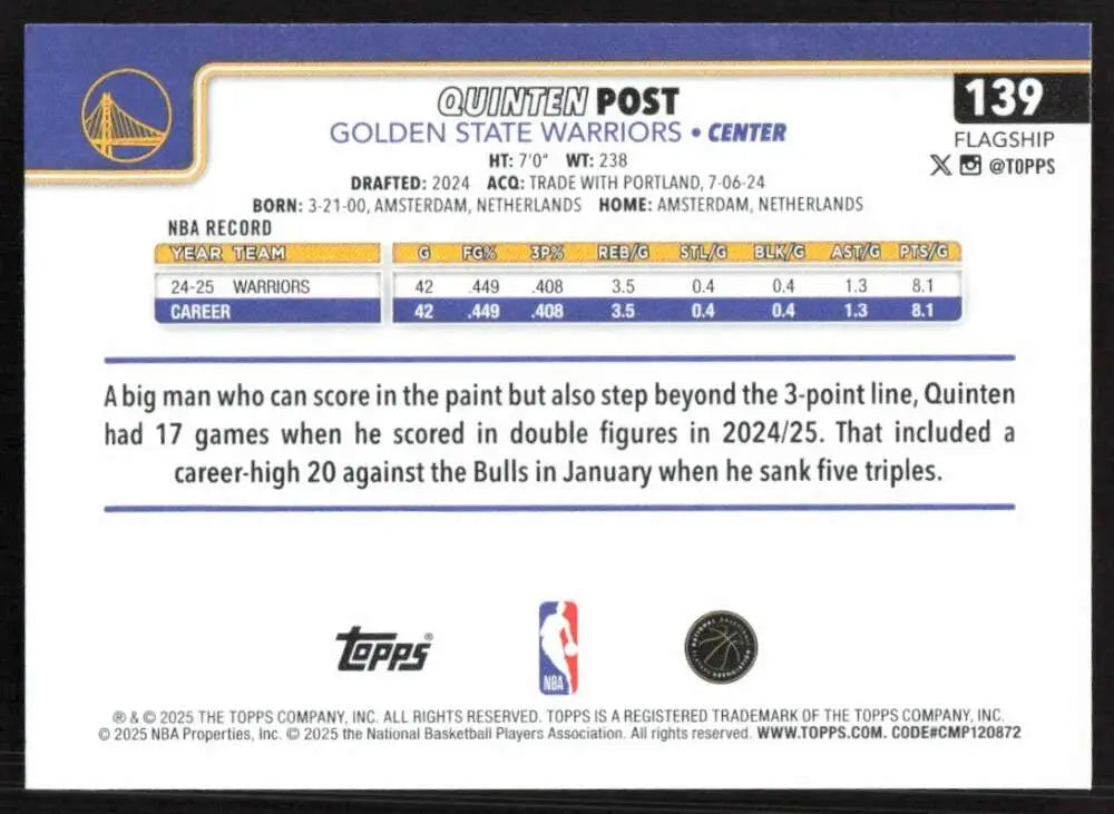 2025-26 Topps #139 Quinten Post NM-MT Golden State Warriors Basketball Card - Basketball Card Single