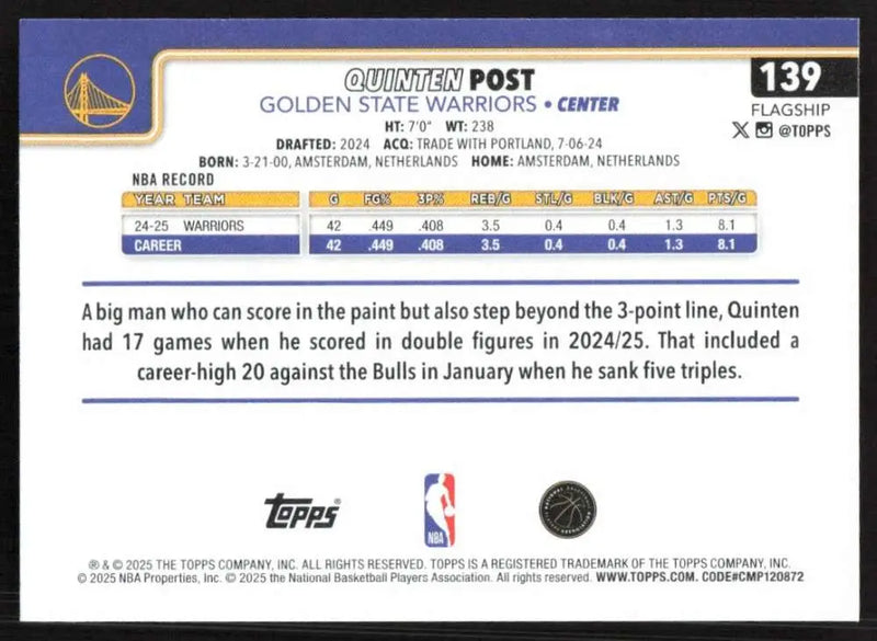 2025-26 Topps #139 Quinten Post NM-MT Golden State Warriors Basketball Card - Basketball Card Single