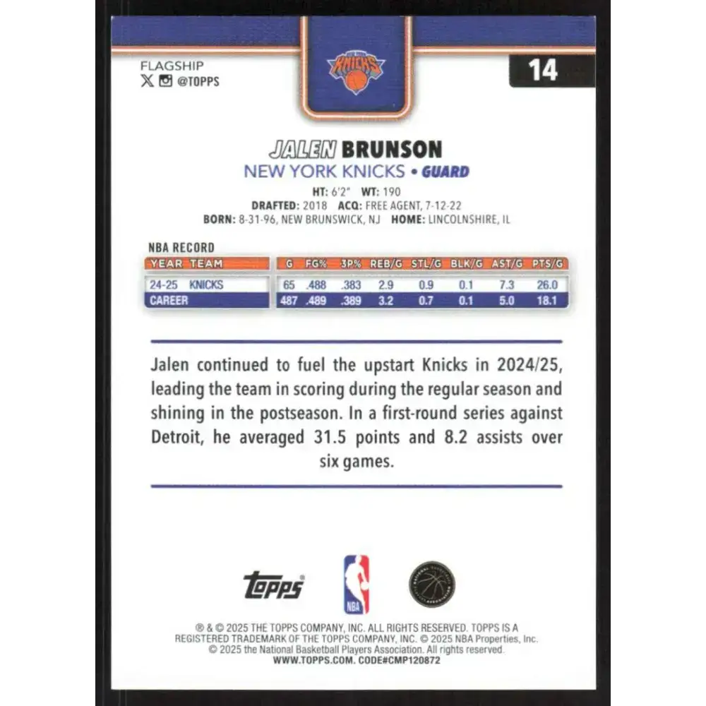 2025-26 Topps #14 Jalen Brunson NM-MT New York Knicks Basketball Card