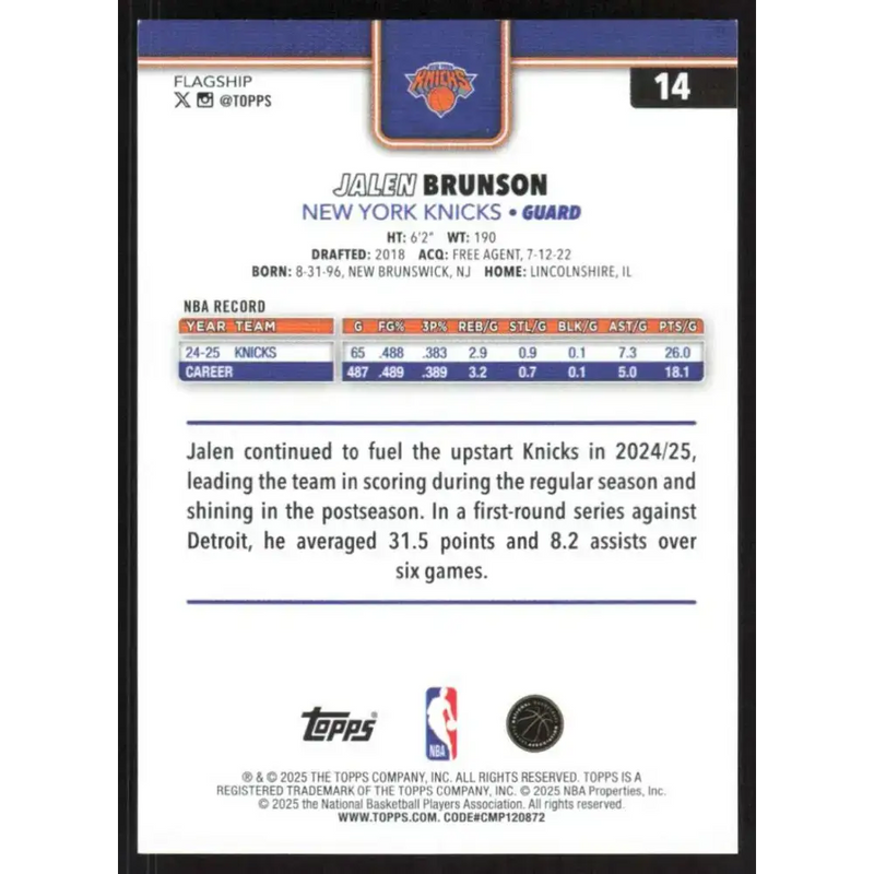 2025-26 Topps #14 Jalen Brunson NM-MT New York Knicks Basketball Card