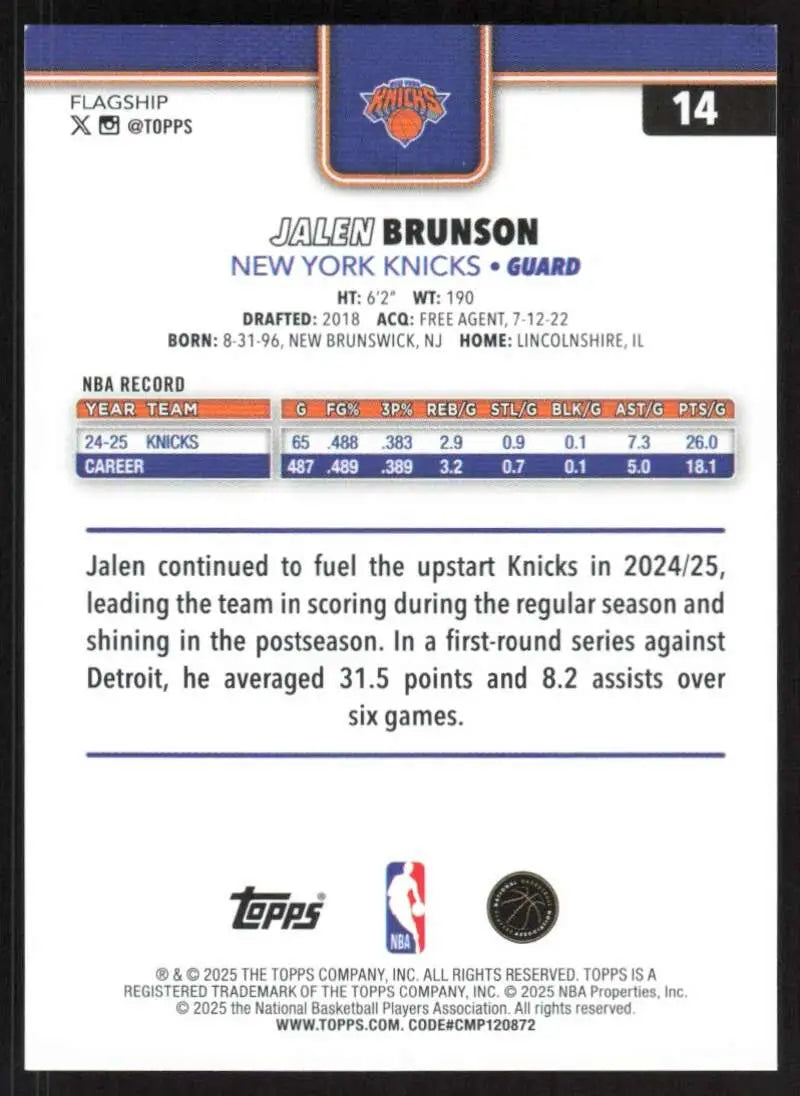 2025-26 Topps #14 Jalen Brunson NM-MT New York Knicks Basketball Card