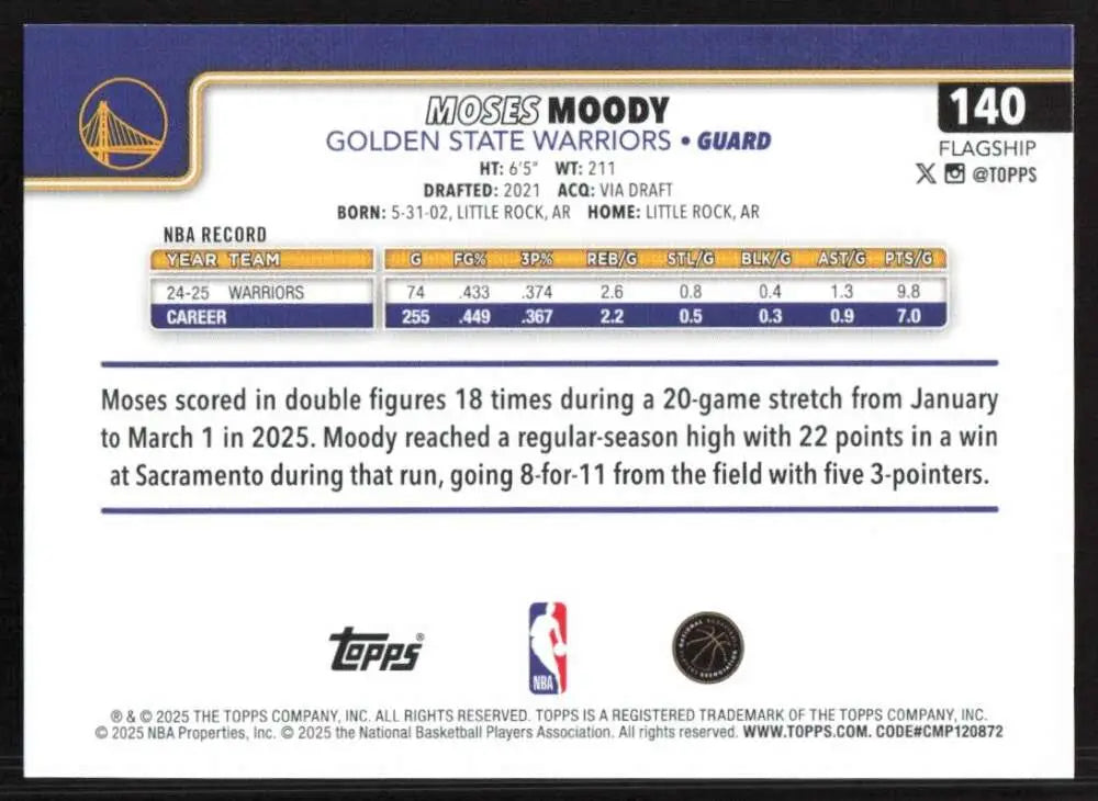 2025-26 Topps #140 Moses Moody NM-MT Golden State Warriors Basketball Card - Basketball Card Single