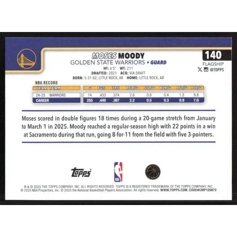 2025-26 Topps #140 Moses Moody NM-MT Golden State Warriors Basketball Card - Basketball Card Single