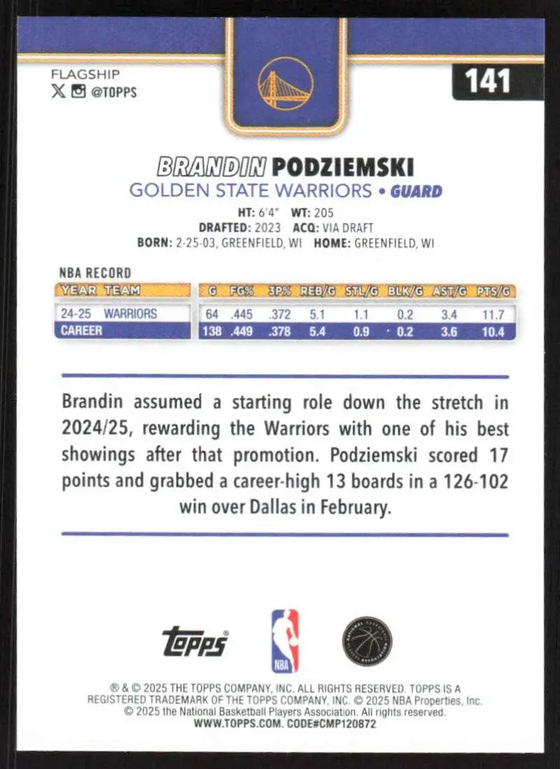 2025-26 Topps #141 Brandin Podziemski NM-MT Golden State Warriors Basketball Card