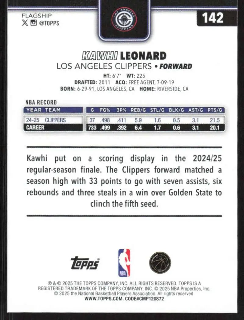 2025-26 Topps #142 Kawhi Leonard NM-MT Los Angeles Clippers Basketball Card - Basketball Card Single