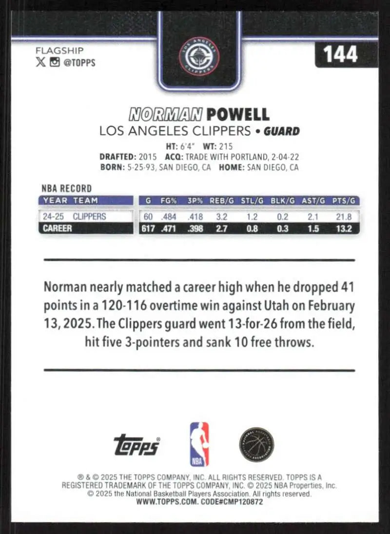 2025-26 Topps #144 Norman Powell NM-MT Los Angeles Clippers Basketball Card - Basketball Card Single