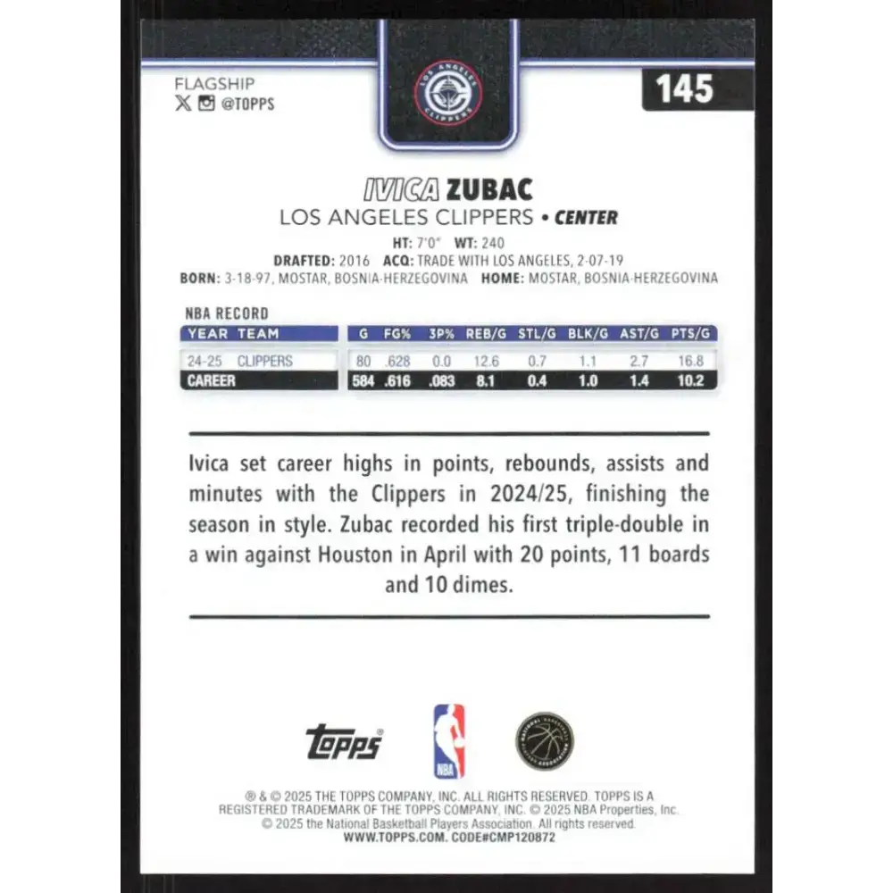 2025-26 Topps #145 Ivica Zubac NM-MT Los Angeles Clippers Basketball Card - Basketball Card Single