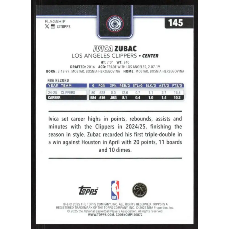 2025-26 Topps #145 Ivica Zubac NM-MT Los Angeles Clippers Basketball Card - Basketball Card Single