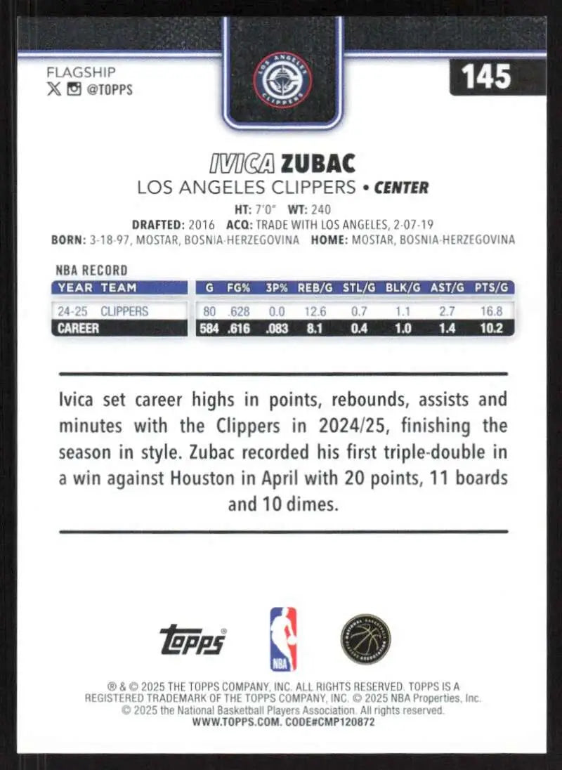 2025-26 Topps #145 Ivica Zubac NM-MT Los Angeles Clippers Basketball Card - Basketball Card Single
