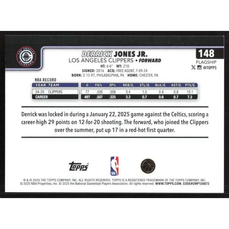 2025-26 Topps #148 Derrick Jones Jr. NM-MT Los Angeles Clippers Basketball Card - Basketball Card Single