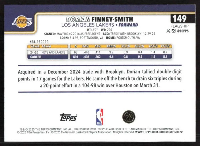 2025-26 Topps #149 Dorian Finney-Smith NM-MT Los Angeles Lakers Basketball Card - Basketball Card Single
