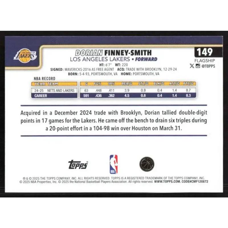 2025-26 Topps #149 Dorian Finney-Smith NM-MT Los Angeles Lakers Basketball Card - Basketball Card Single