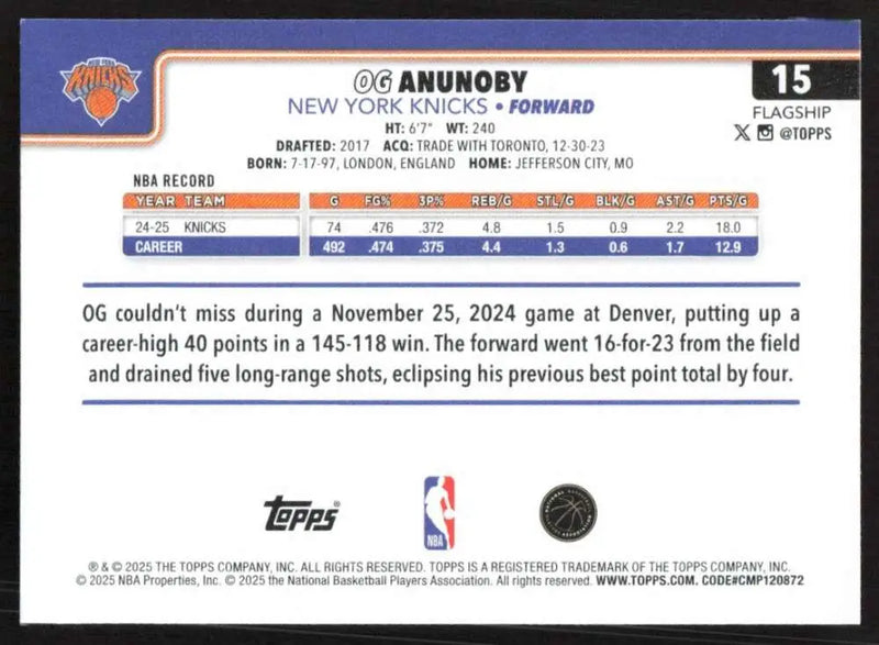 2025-26 Topps #15 OG Anunoby NM-MT New York Knicks Basketball Card - Basketball Card Single