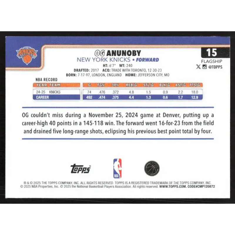 2025-26 Topps #15 OG Anunoby NM-MT New York Knicks Basketball Card - Basketball Card Single