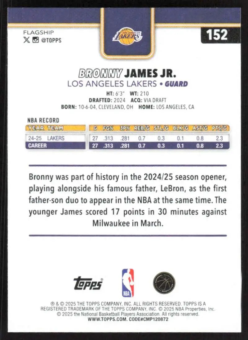 2025-26 Topps #152 Bronny James Jr. NM-MT Los Angeles Lakers Basketball Card - Basketball Card Single
