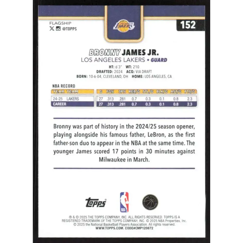 2025-26 Topps #152 Bronny James Jr. NM-MT Los Angeles Lakers Basketball Card - Basketball Card Single