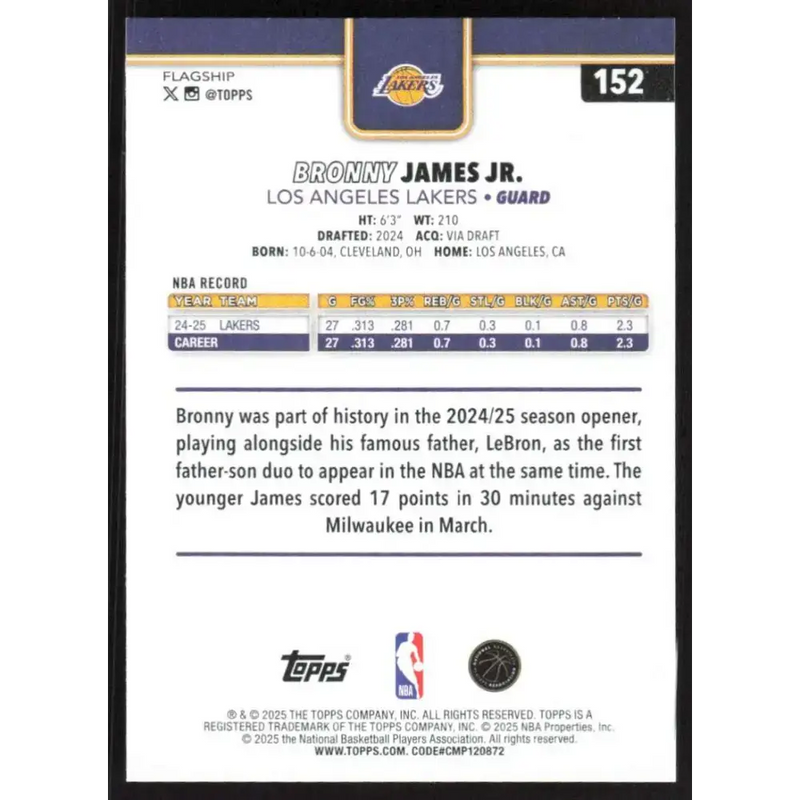 2025-26 Topps #152 Bronny James Jr. NM-MT Los Angeles Lakers Basketball Card - Basketball Card Single