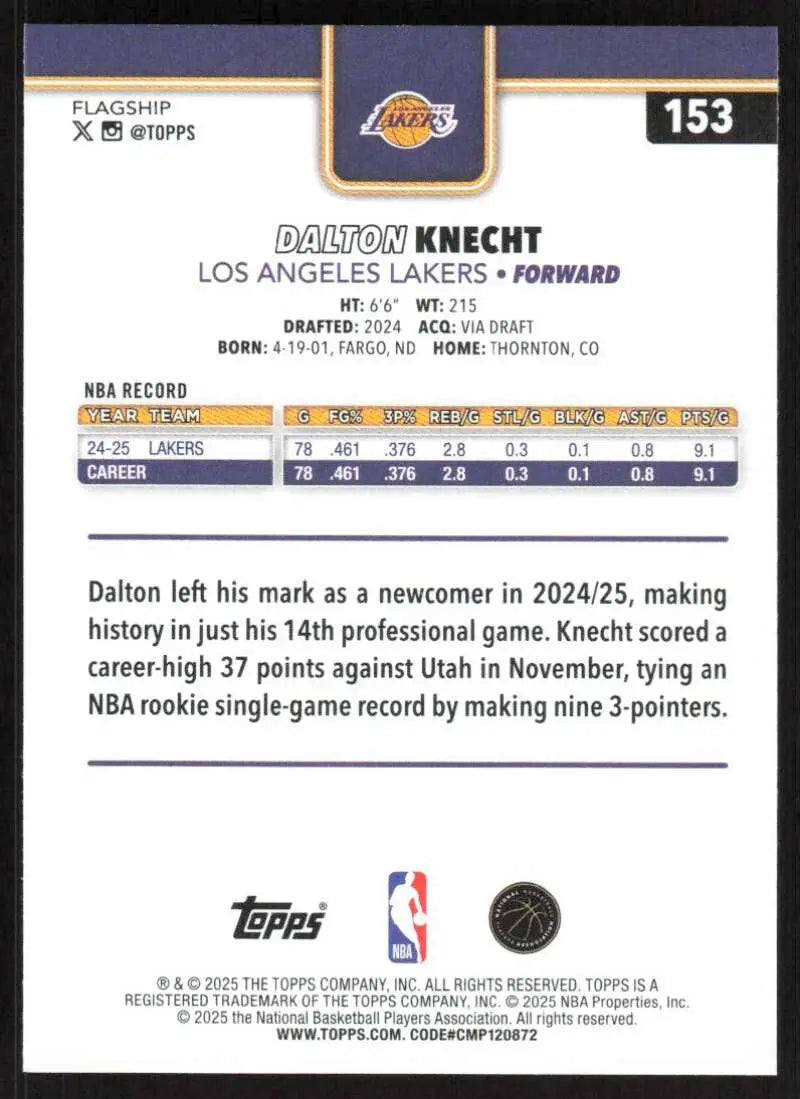 2025-26 Topps #153 Dalton Knecht NM-MT Los Angeles Lakers Basketball Card - Basketball Card Single