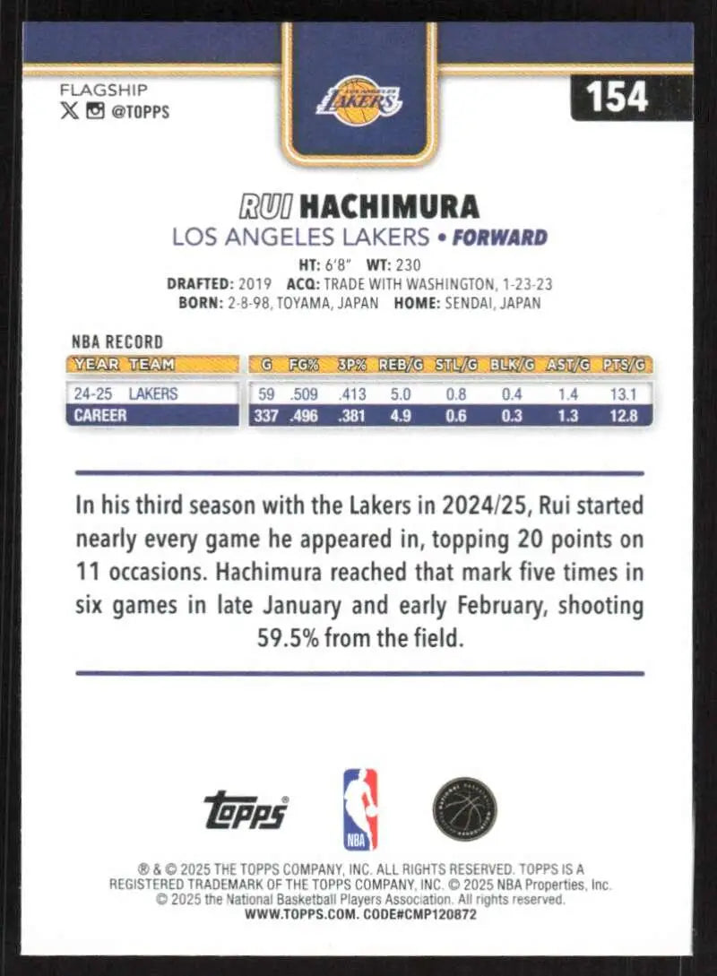 2025-26 Topps #154 Rui Hachimura NM-MT Los Angeles Lakers Basketball Card - Basketball Card Single