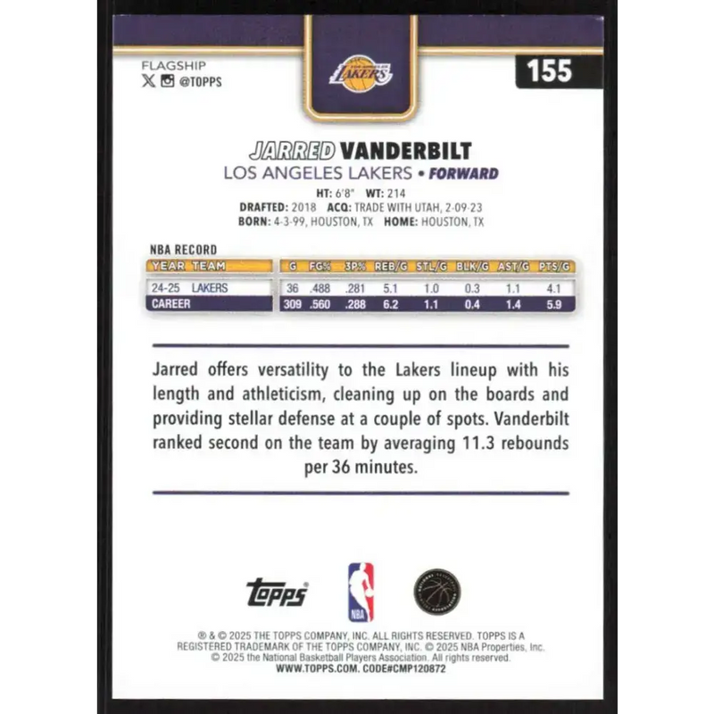 2025-26 Topps #155 Jarred Vanderbilt NM-MT Los Angeles Lakers Basketball Card - Basketball Card Single