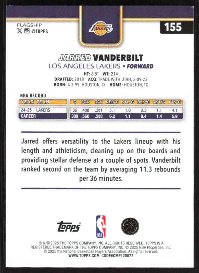 2025-26 Topps #155 Jarred Vanderbilt NM-MT Los Angeles Lakers Basketball Card - Basketball Card Single