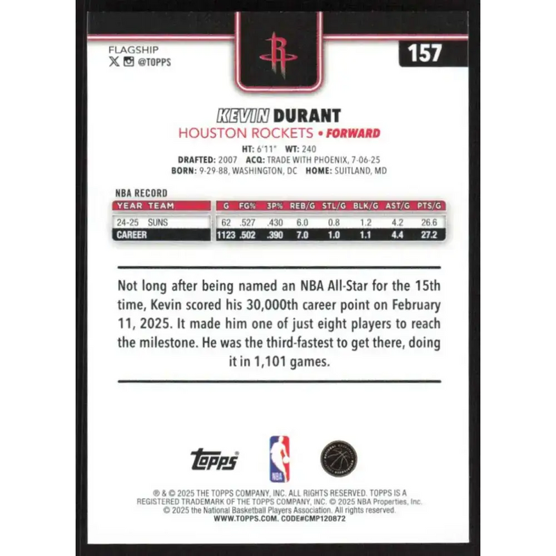 2025-26 Topps #157 Kevin Durant NM-MT Houston Rockets Basketball Card - Basketball Card Single
