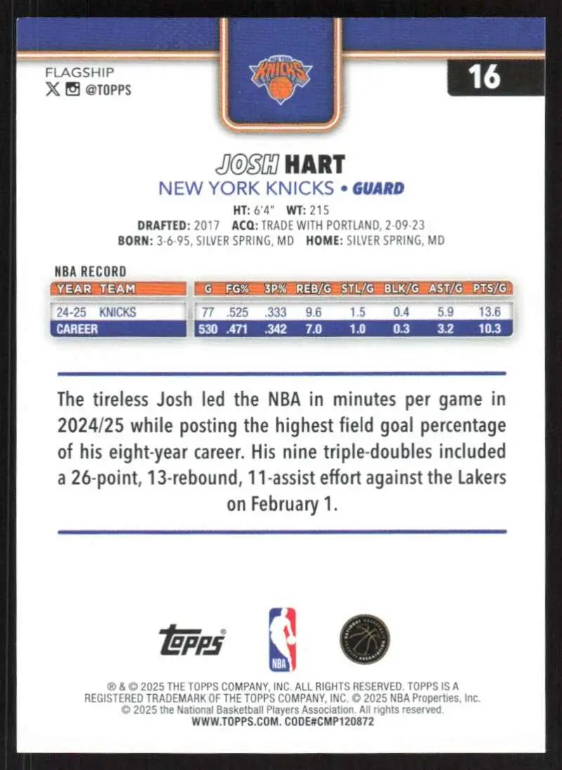 2025-26 Topps #16 Josh Hart NM-MT New York Knicks Basketball Card - Basketball Card Single