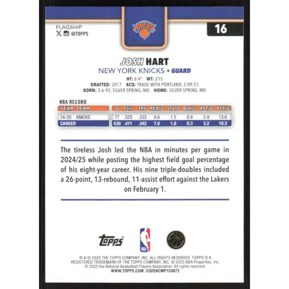 2025-26 Topps #16 Josh Hart NM-MT New York Knicks Basketball Card - Basketball Card Single