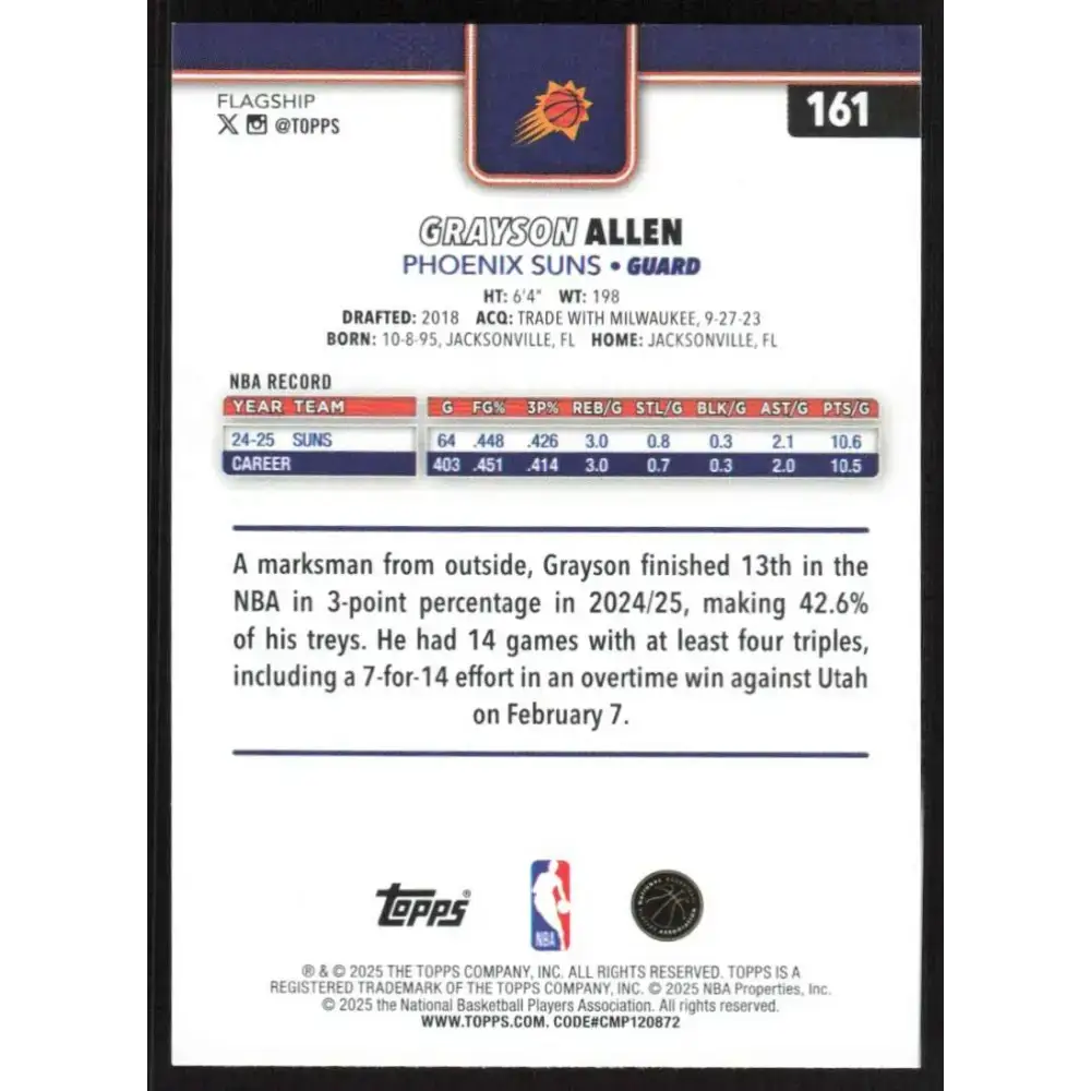 2025-26 Topps #161 Grayson Allen NM-MT Phoenix Suns Basketball Card
