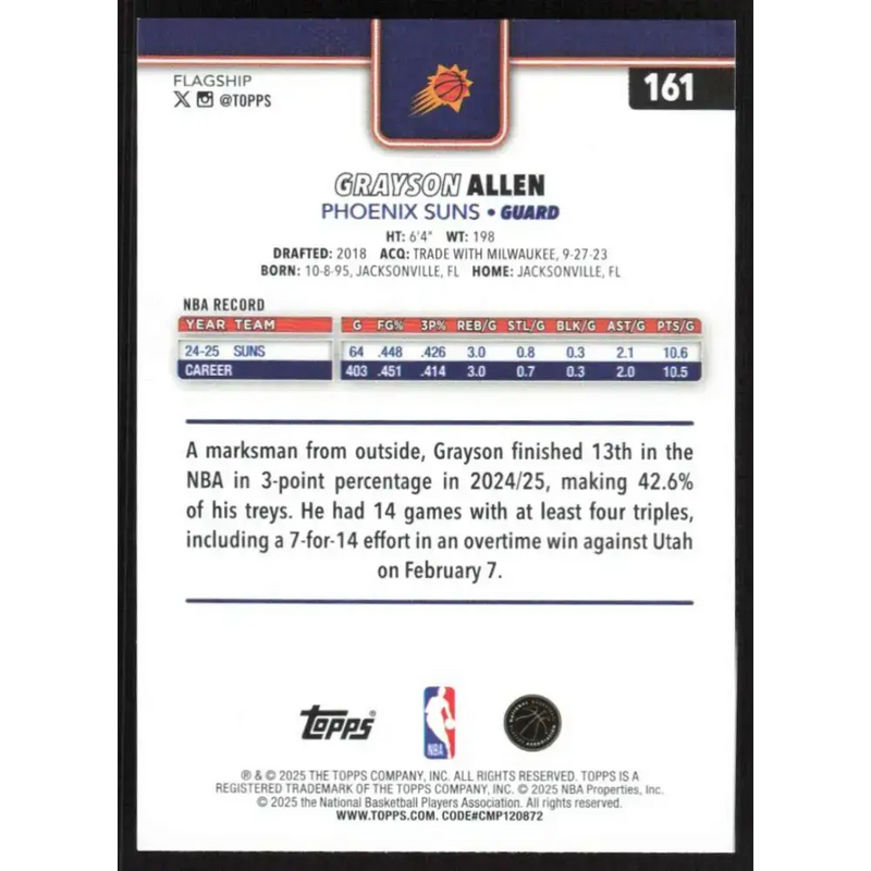 2025-26 Topps #161 Grayson Allen NM-MT Phoenix Suns Basketball Card