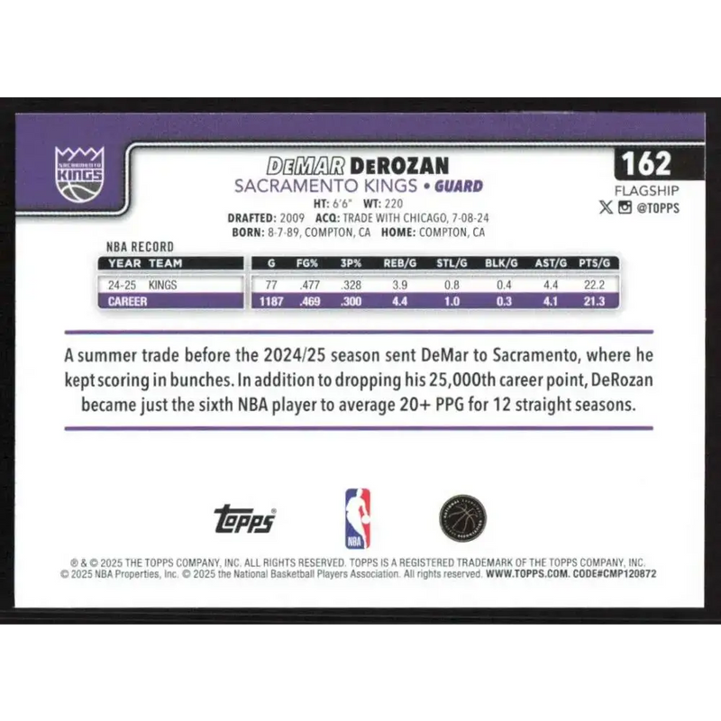 2025-26 Topps #162 DeMar DeRozan NM-MT Sacramento Kings Basketball Card