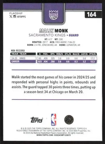2025-26 Topps #164 Malik Monk NM-MT Sac Kings ID:80820 - Basketball Card Single