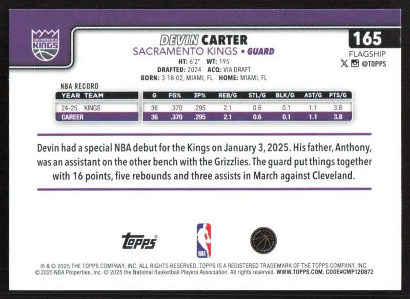 2025-26 Topps #165 Devin Carter NM-MT Sacramento Kings Basketball Card - Basketball Card Single