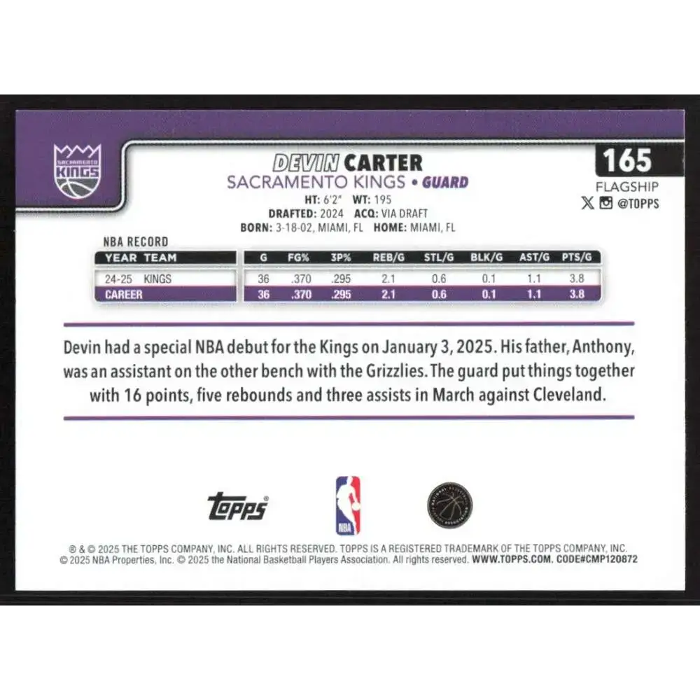 2025-26 Topps #165 Devin Carter NM-MT Sacramento Kings Basketball Card - Basketball Card Single