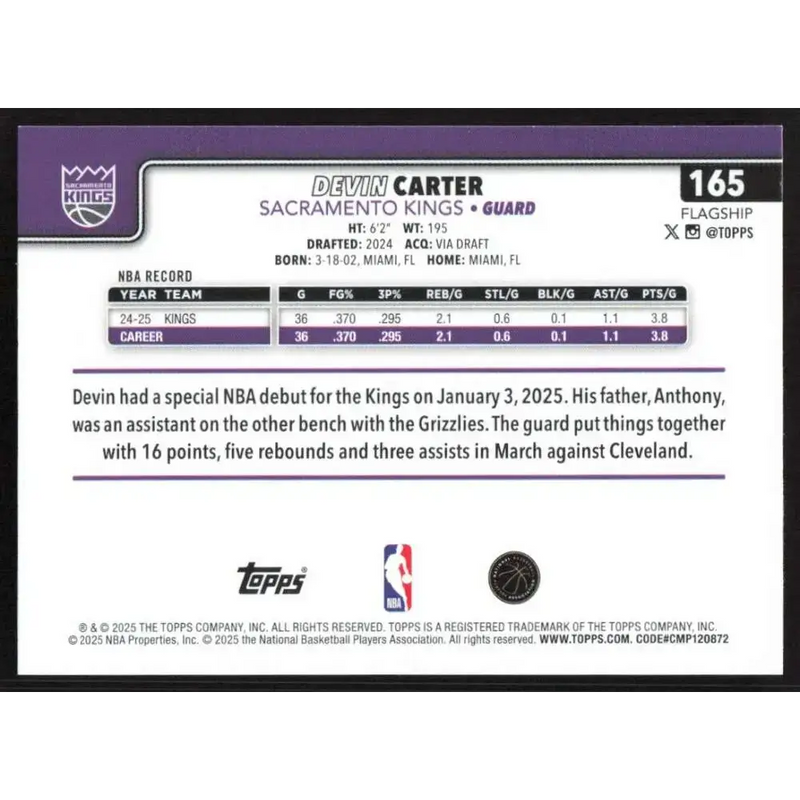 2025-26 Topps #165 Devin Carter NM-MT Sacramento Kings Basketball Card - Basketball Card Single