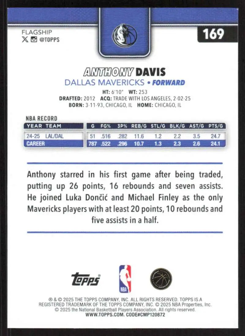 2025-26 Topps #169 Anthony Davis NM-MT Dallas Mavericks Basketball Card - Basketball Card Single