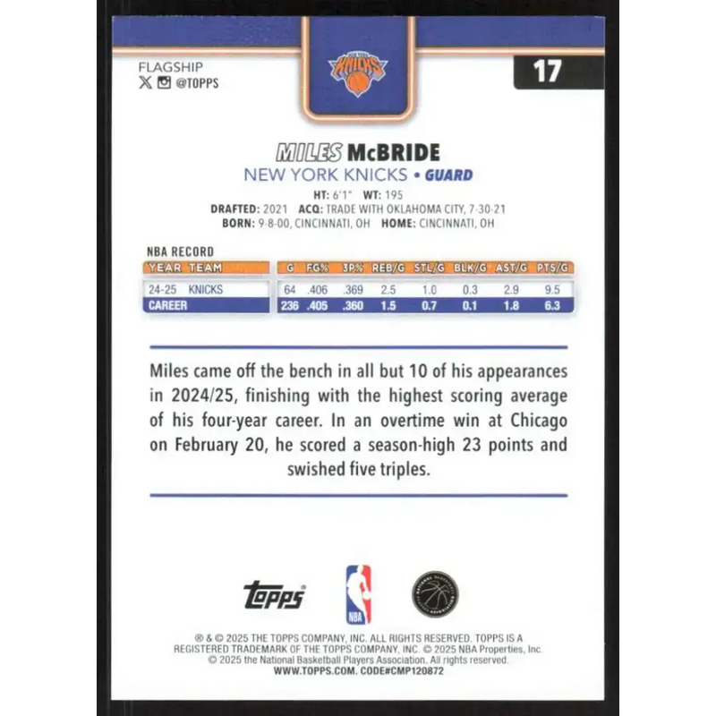 2025-26 Topps #17 Miles McBride NM-MT New York Knicks Basketball Card - Basketball Card Single