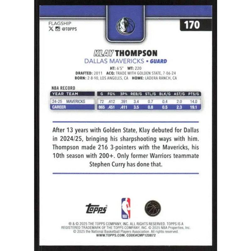 2025-26 Topps #170 Klay Thompson NM-MT Dallas Mavericks Basketball Card - Basketball Card Single