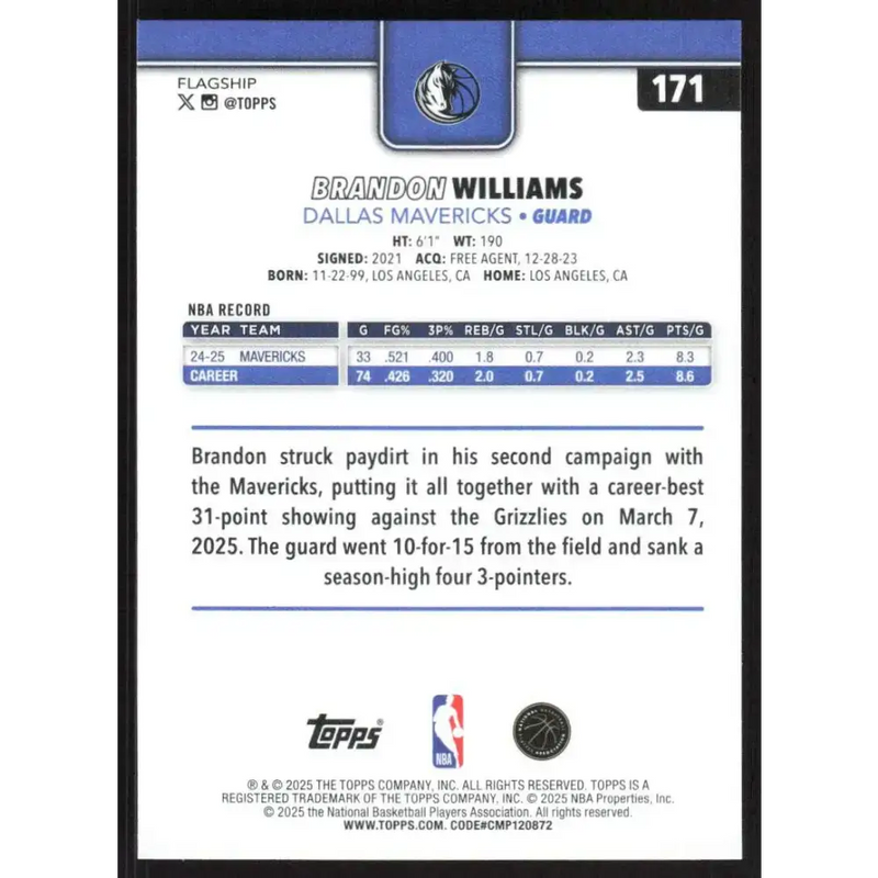 2025-26 Topps #171 Brandon Williams NM-MT Dallas Mavericks Basketball Card - Basketball Card Single