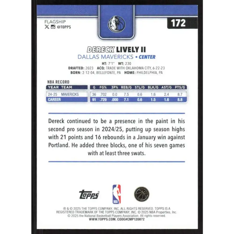 2025-26 Topps #172 Dereck Lively II NM-MT Dallas Mavericks Basketball Card - Basketball Card Single