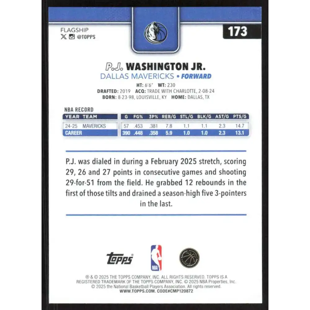 2025-26 Topps #173 P.J. Washington Jr. NM-MT Dallas Mavericks Basketball Card - Basketball Card Single