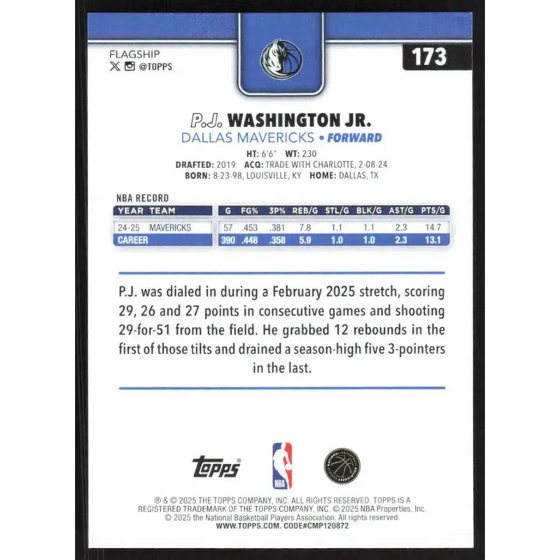 2025-26 Topps #173 P.J. Washington Jr. NM-MT Dallas Mavericks Basketball Card - Basketball Card Single