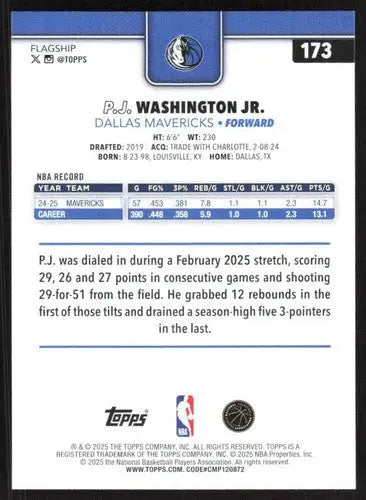 2025-26 Topps #173 P.J. Washington Jr. NM-MT Mavericks ID:80823 - Basketball Card Single
